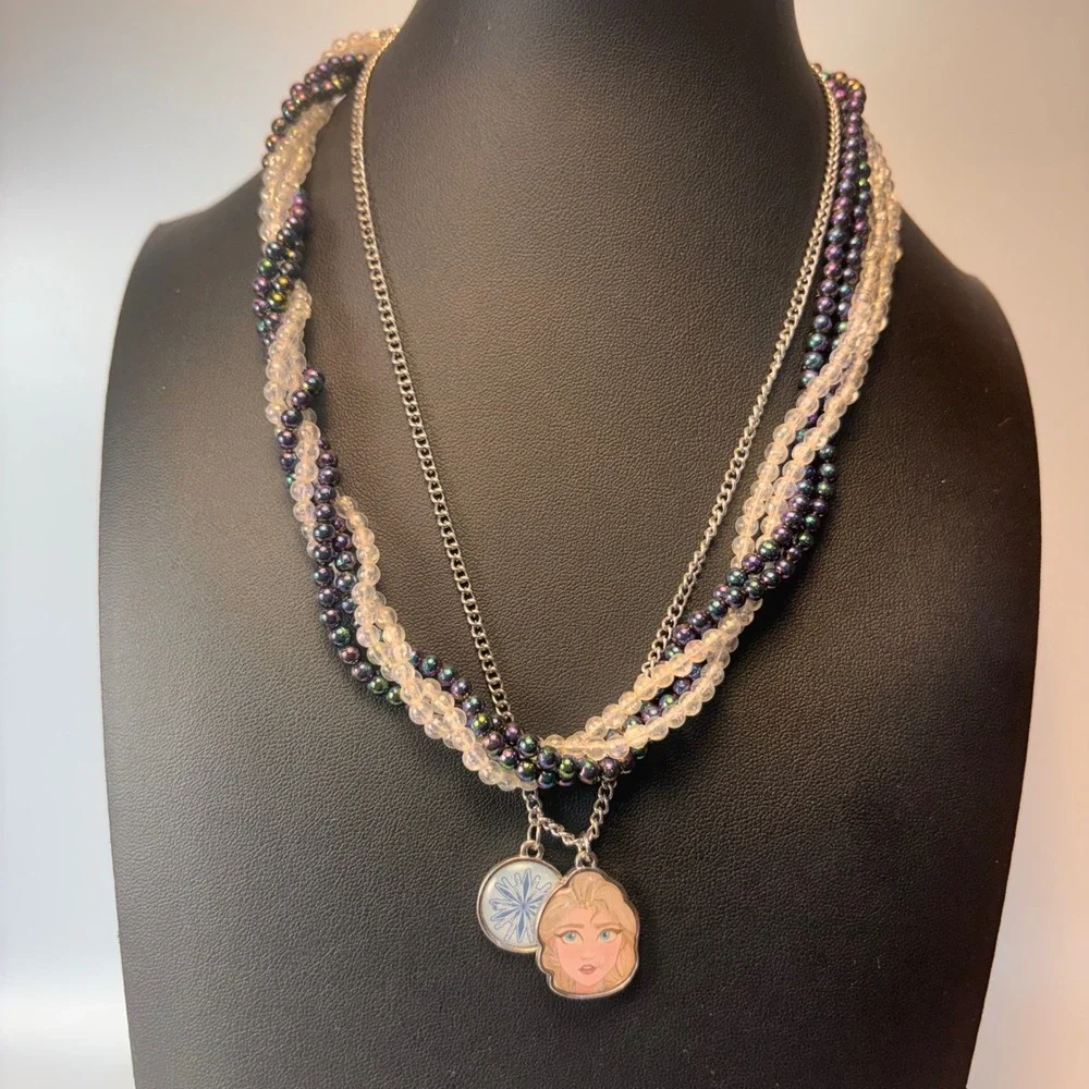 Disney Frozen Elsa Necklace Set Silver Purple Glass Bead Twisted Kidcore Boho
